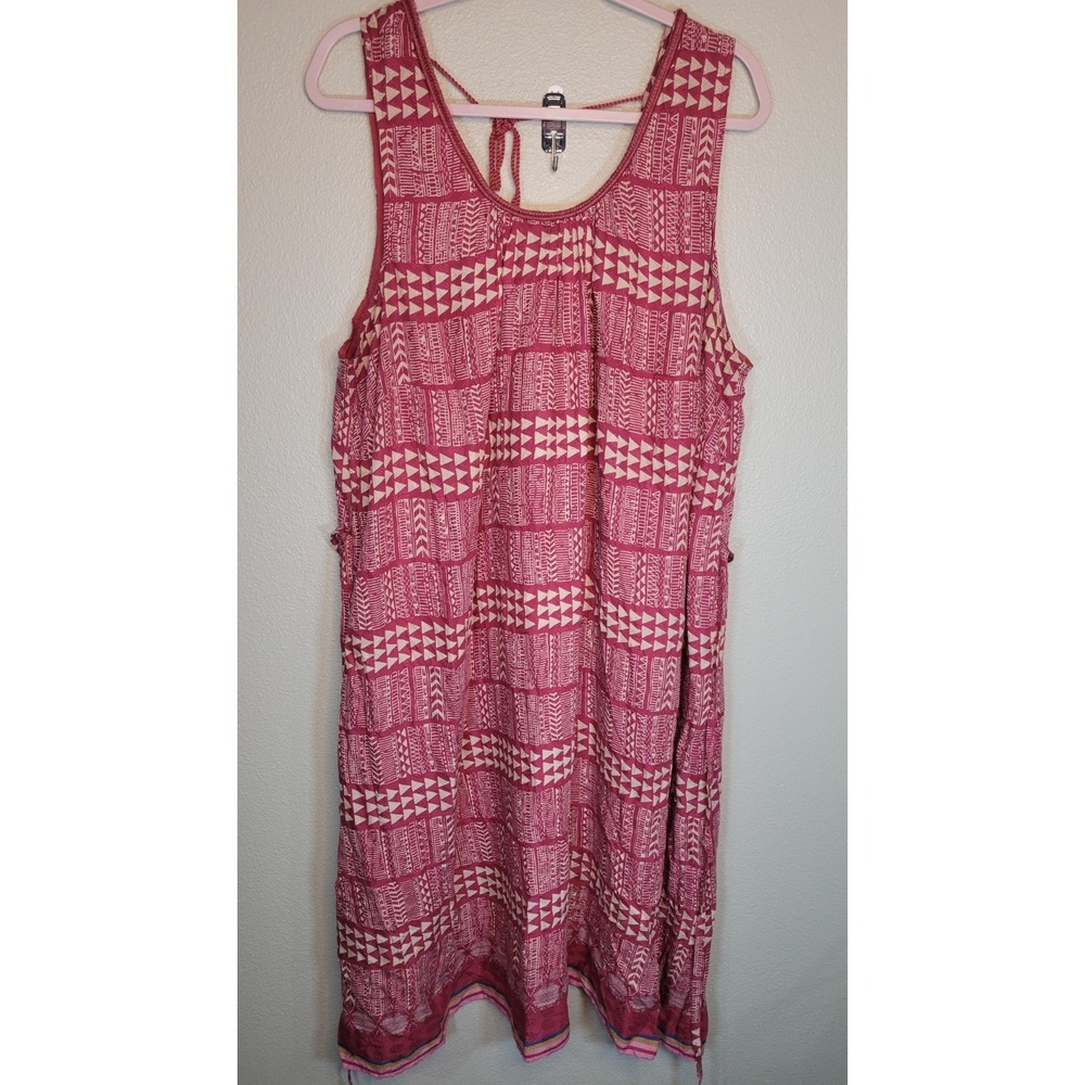 Lucky Brand 2X Boho‎ Tribal Print Sleeveless Dress Tassel Tie Pink